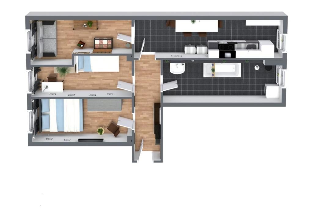 Grundriss Chemnitz Family&Work – 64 m² Ferienwohnung mit zwei Schlafzimmern, Wohnbereich, Badewanne und privatem Parkplatz im Zentrum von Chemnitz